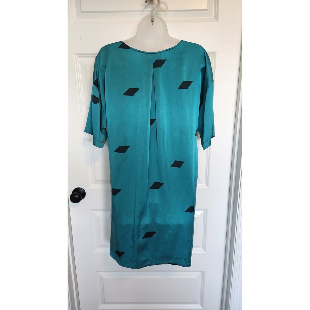 Vintage Sunshine Shadow Teal Silk Diamond Print Short Sleeve Dress Size 2 - Picture 8 of 11